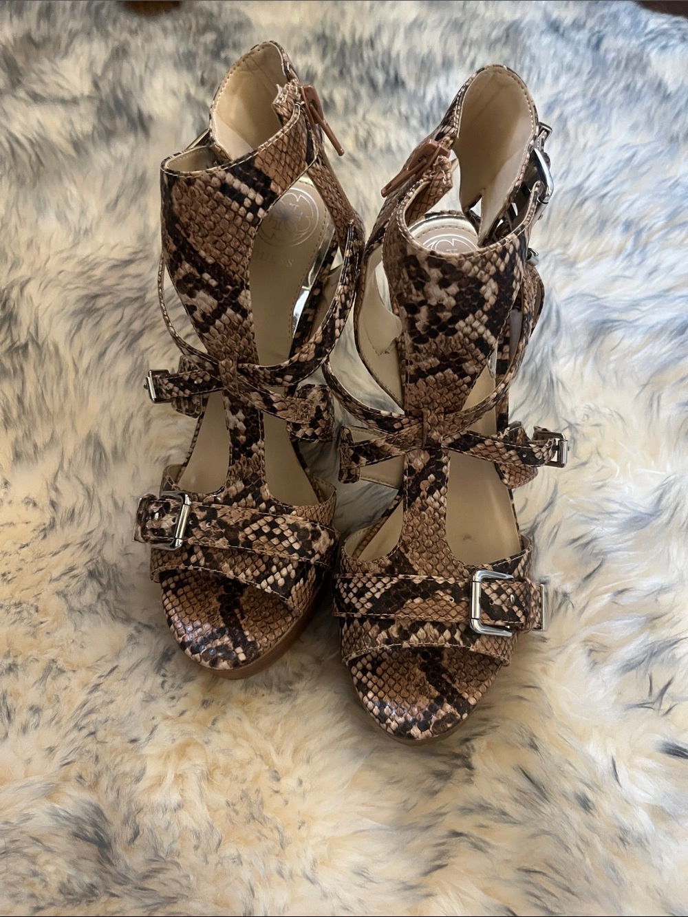 NEW Guess Brown Snake-Print Strappy High Heel Sandals